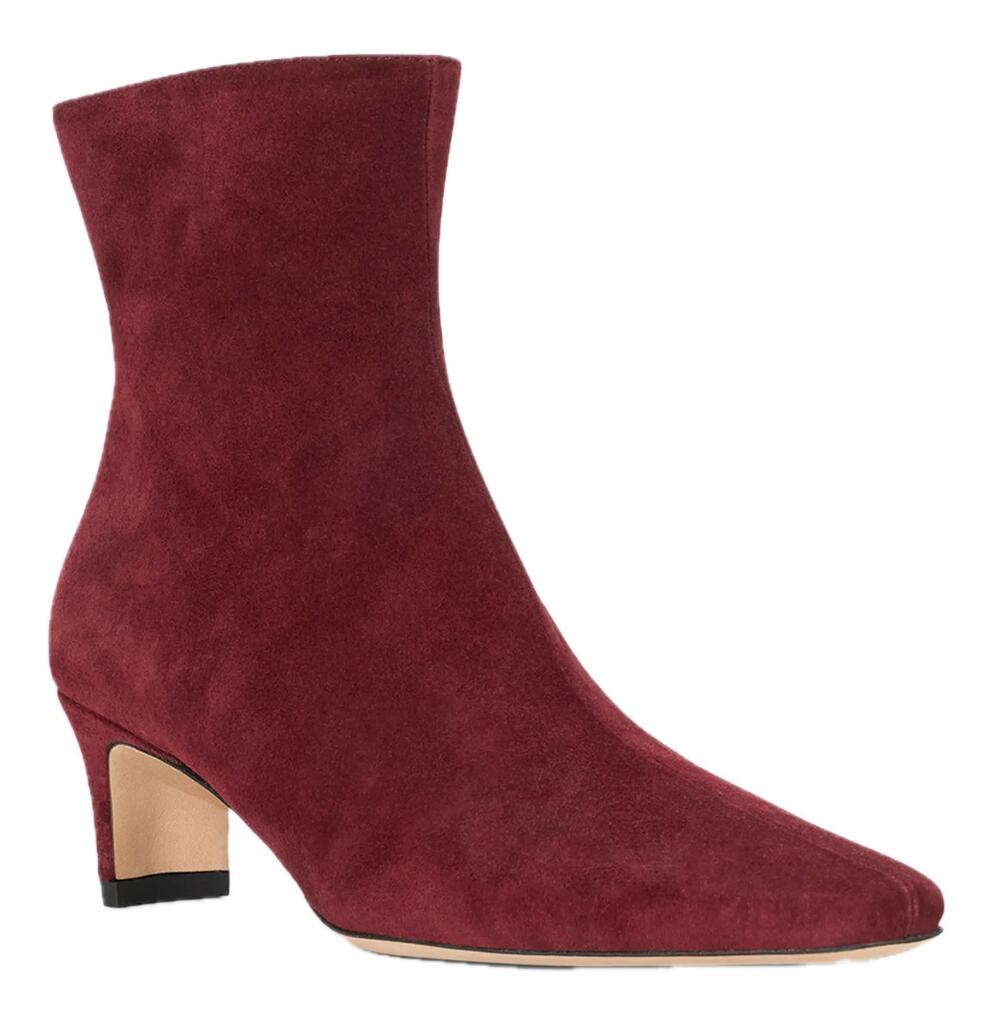 STAUD Wally Wine Pinot Red Suede Pointed Toe Kitten Heel Ankle Boots Size 39 / 9